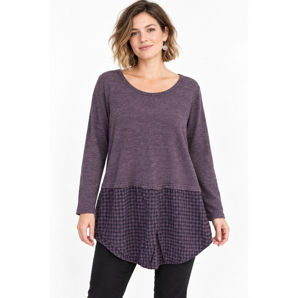 Cut Loose Purple Tunic L Gingham Linen Shirttail Hem Lagenlook Artsy Made USA